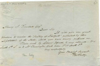 Item #001641 Note handwritten and signed by Thomas Sully (1783-1872). Thomas Sully