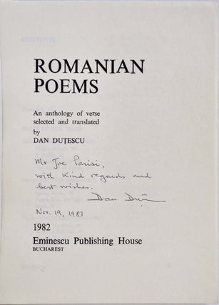 ROMANIAN POEMS. An Anthology of Verse. Signed and inscribed by author.