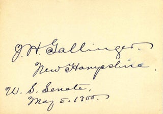 Item #002635 Small card signed by Jacob H. Gallinger. Jacob H. Gallinger