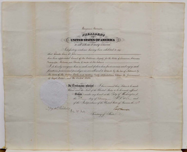 Item #004147 APPOINTMENT OF BRITISH CONSULATE FOR LOUISIANA, ARKANSAS, MISSISSIPPI, ALABAMA AND FLORIDA. Signed by Benjamin Harrison as President. Benjamin Harrison.