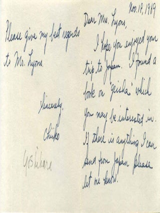 Item #004253 Short note handwritten and signed by Yoshihara Chiiko. Chiiko Yoshihara