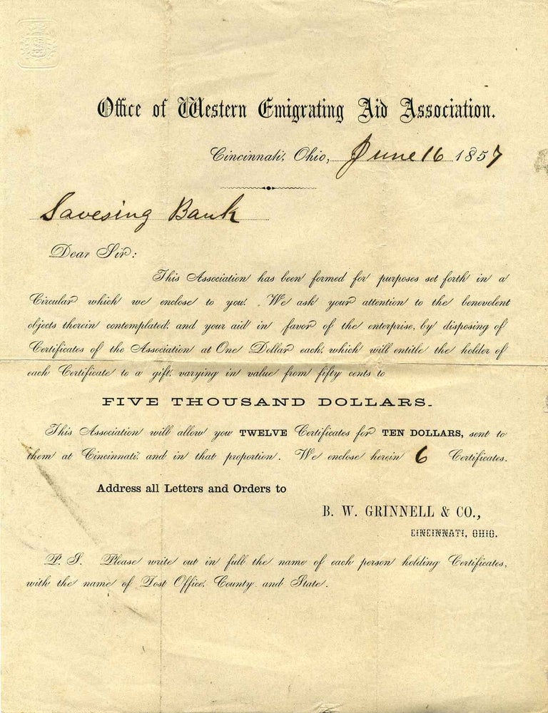 Item #005328 Partly printed document with certificates. Office of Western Emigrating Aid Association.