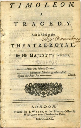 Item #005358 TIMOLEON. A Tragedy. As it is Acted at the Theatre-Royal, by His Majesty's...