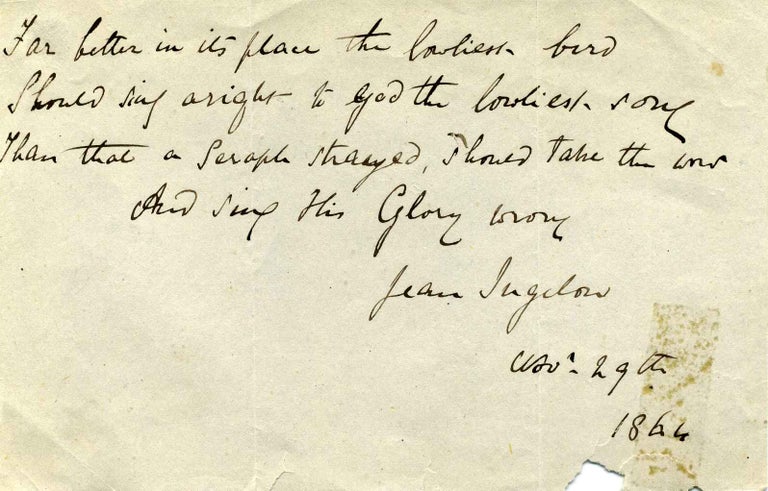 Item #005484 Quote handwritten and signed by Jean Ingelow (1820 - 1897). Jean Ingelow.