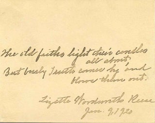Item #005601 Autograph Quotation Handwritten and Signed by Lizette Wordsworth Reese (1856-1935)....
