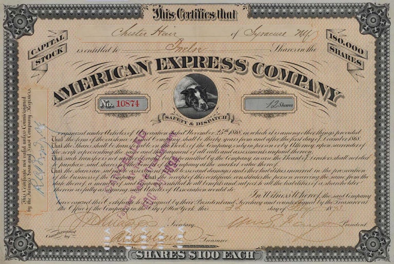 Item #006399 STOCK CERTIFICATE signed by William George Fargo (1818-1881). William George Fargo.