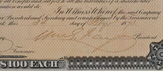 STOCK CERTIFICATE signed by William George Fargo (1818-1881).