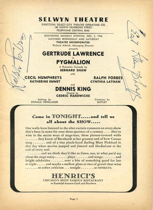 Selwyn Theatre Program for Pygmalion signed by Ralph Forbes (1902-1951), Cecil Humphreys, Dennis King and Gertrude Lawrence (1902-1952).