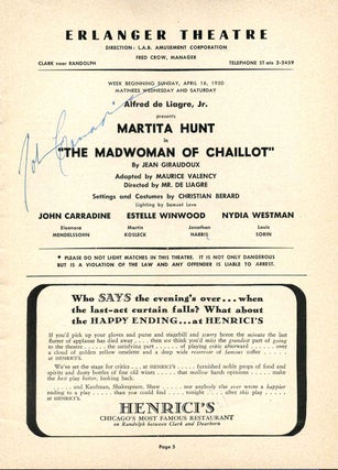 Item #007473 Erlanger Theatre Program for The Madwoman of Chaillot signed by John Carradine. John...