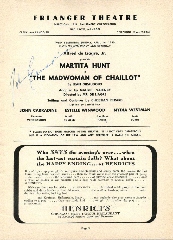 Item #007473 Erlanger Theatre Program for The Madwoman of Chaillot signed by John Carradine. John Carradine.