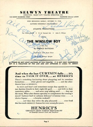 Selwyn Theatre Program for The Winslow Boy signed by Alan Well, Frank Allenby, George Benson, Michael Kingsley, Michael Newell, Owen Holder and Leonard Mitchell.