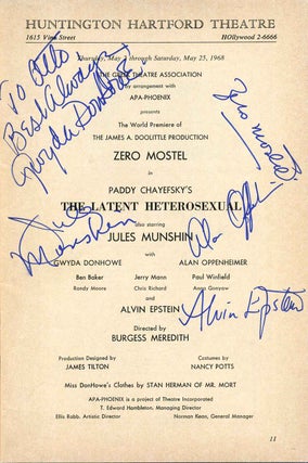 Stagebill (Program) signed by Zero Mostel (1915-1977), Jules Munshin (1915-1970), Gwyda Donhowe (1933-1988), Alan Oppenheimer (b.1930), and Alvin Epstein (1925-2018) for a performance of Paddy Chayefsky's "The Latent Heterosexual."
