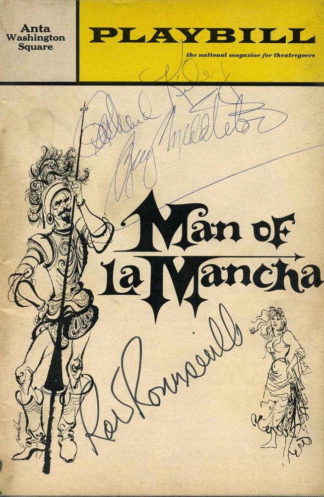 Item #007567 Stagebill (Program) signed by Richard Kiley (1922-1999), Ray Middleton (1907-1984), Robert Rounseville (1917-1974), and Irving Jacobson (1898-1978) for a performance of Man of La Mancha by Dale Wasserman. Richard Kiley, Ray Middleton, Robert Rounseville, Irving Jacobson.