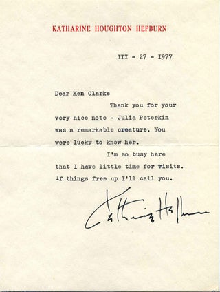 Item #007826 Typed Letter Signed by Katharine Hepburn (1907-2003). Katharine Houghton Hepburn