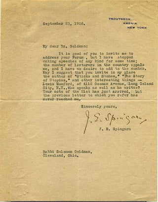 Item #008086 Typed Letter Signed by Joel Elias Springarn (1875-1939). Joel E. Springarn