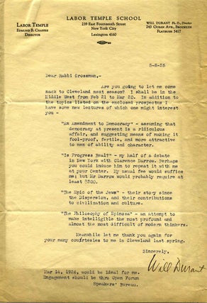 Item #008087 Typed Letter Signed by Will Durant (1885-1981). Will Durant