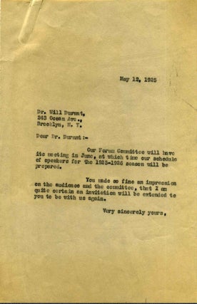 Typed Letter Signed by Will Durant (1885-1981).
