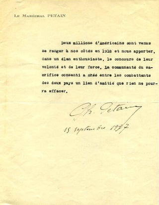 Item #008277 Autograph note signed by [Henri-Phillippe] Marechal Petain (1856-1951). Marechal Petain