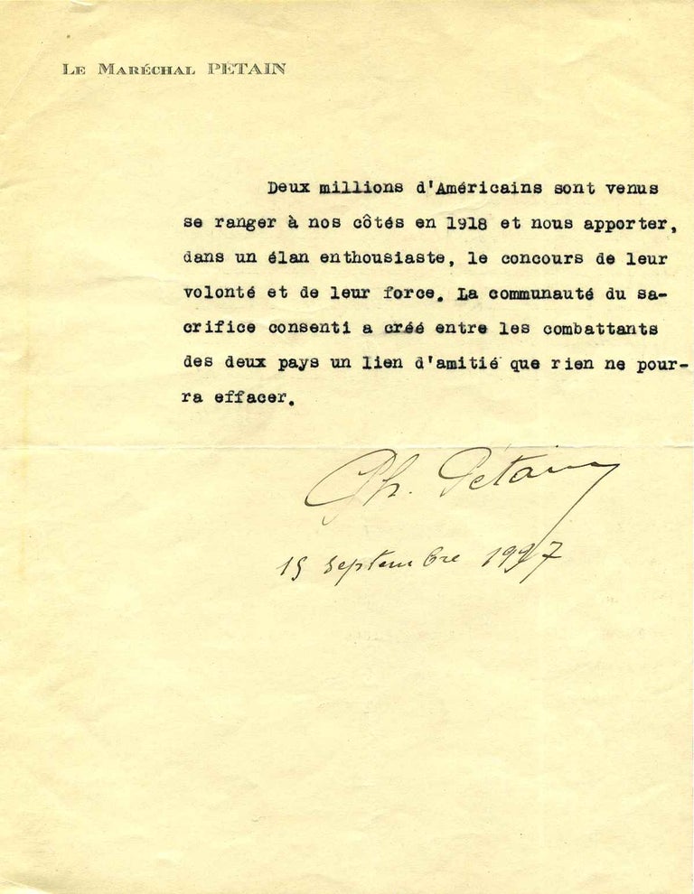 Item #008277 Autograph note signed by [Henri-Phillippe] Marechal Petain (1856-1951). Marechal Petain.