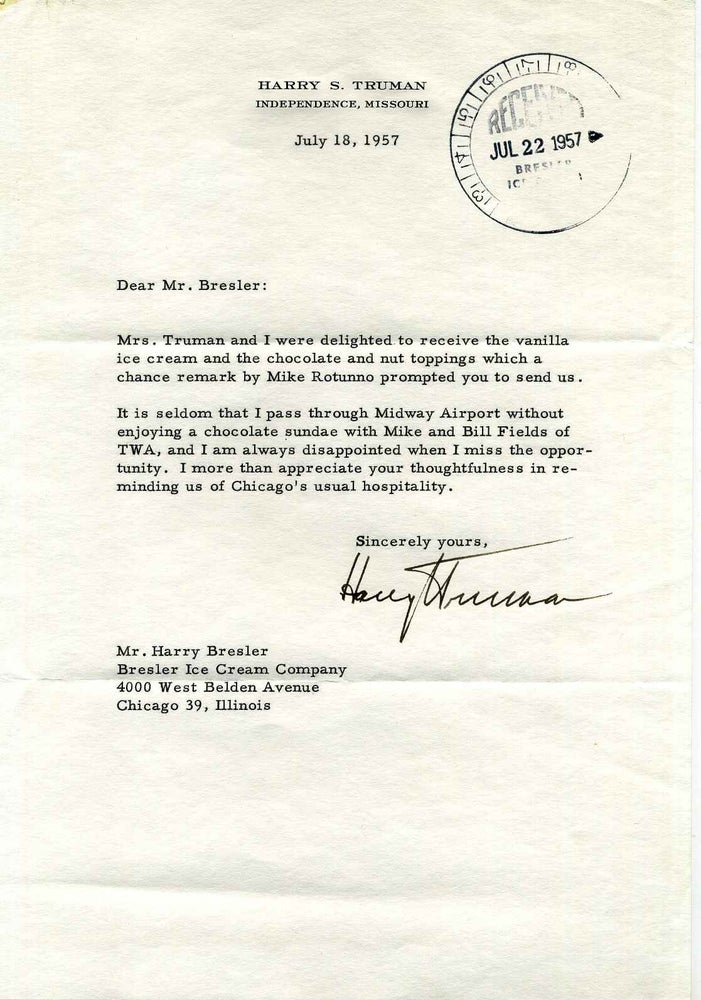 Item #009397 Typed Letter Signed by Harry S. Truman. Harry S. Truman.