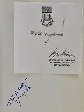 THE POLITICAL ECONOMY OF AGRICULTURAL PROTECTION: East Asia in International Perspective. Signed by Nobel Prize winning economist Theodore W. Schultz. With a note signed by Kym Anderson.