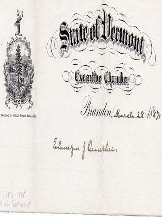 Item #011665 State of Vermont Letterhead Signed by Ebenezer J. Ormsbee (1834-1924). Ebenezer J....