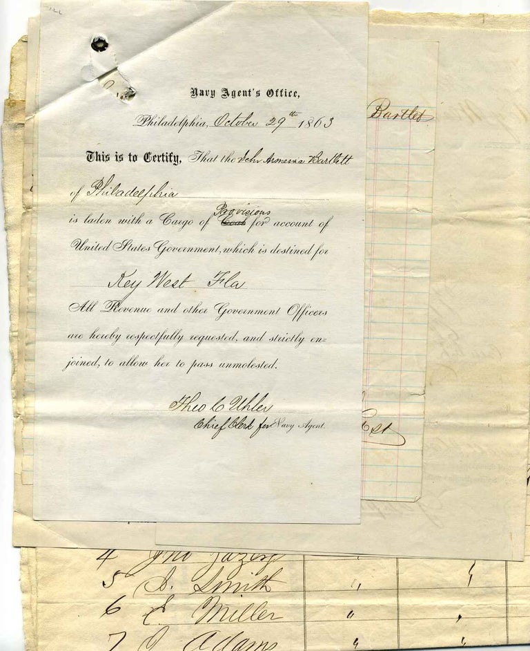 Item #011706 Civil War era archive of shipping documents for the Schooner Armenia Bartlett for passage from Philadelphia to Key West, Florida October 29, 1863. Joseph Bartlett, Schooner Armenia Bartlett.