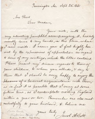 Item #011711 Letter handwritten and signed by Jacob Abbott (1803-1879). Jacob Abbott