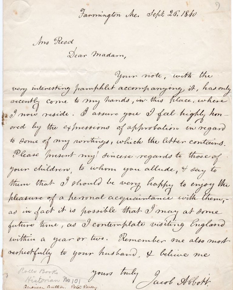Item #011711 Letter handwritten and signed by Jacob Abbott (1803-1879). Jacob Abbott.
