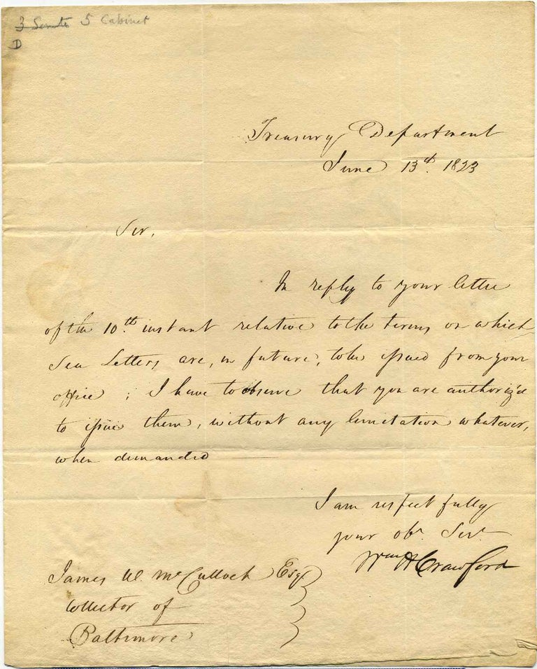 Item #011730 One page letter handwritten and signed by William H. Crawford (1772-1834). William H. Crawford.