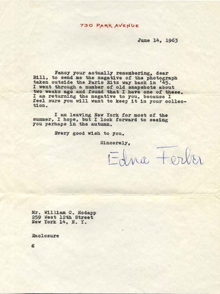 Item #012500 Typed letter signed by Edna Ferber (1885-1968). Edna Ferber