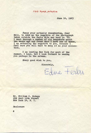 Item #012500 Typed letter signed by Edna Ferber (1885-1968). Edna Ferber