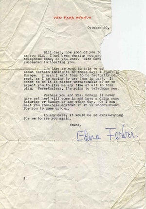 Item #012501 Typed letter signed by Edna Ferber. Edna Ferber
