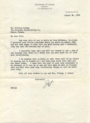 Item #012530 TYPED LETTER Signed by Ellerton M. Jette (1899-1986), President of C. F. Hathaway...