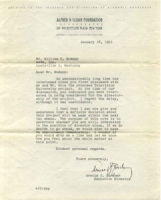 Item #012531 TYPED LETTER Signed by Arnold J. Zurcher (1902-1974) as Executive Director of the...