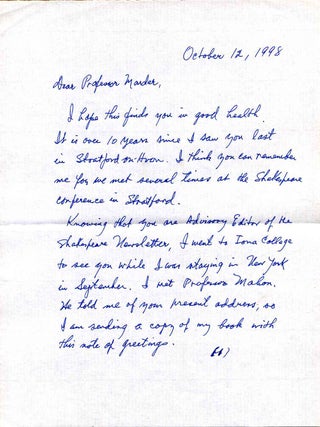 Bi-Cultural Critical Essays on Shakespeare. With a letter handwritten and signed by Kim Joo-Hyon.