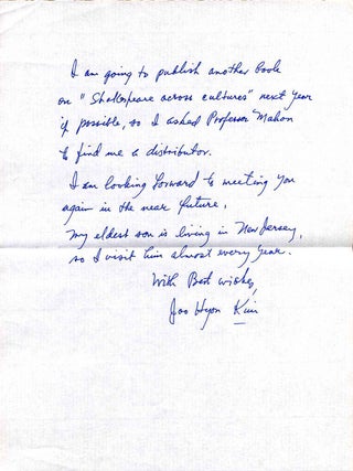 Bi-Cultural Critical Essays on Shakespeare. With a letter handwritten and signed by Kim Joo-Hyon.