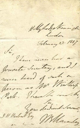 Item #015857 Letter handwritten and signed by Baron Thomas Babington Macaulay (1800-1859). Thomas...