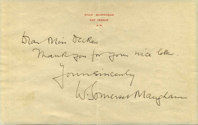Item #015858 Photograph signed by William Somerset Maugham (1874-1965) and a short letter handwritten and signed by William Somerset Maugham. William Somerset Maugham.