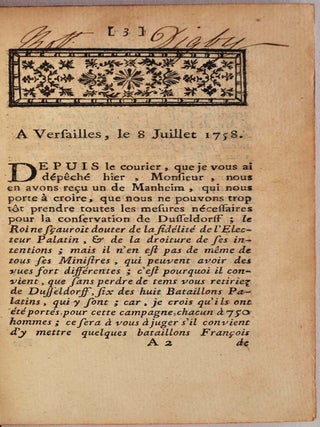 Lettres de Mr. le marechal Duc de Belleisle, a Mr. le Marechal de Contades. Avec de Extraitsde quelques-unes de celles du Marechal de Contades au Marechal Duc de Bellisle en 1758. Trouvees parmi le papiers de Monsieur de Contades apres la Bataille Minden.