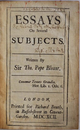 Item #016460 ESSAYS ON SEVERAL SUBJECTS. Thomas Pope Blount
