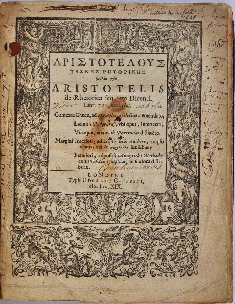 Item #016801 Aristotelis de Rhetorica seu arte Dicendi libre tres, Graecolat. Aristotle, Theodore Goulston.