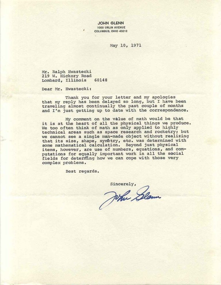 Item #017079 Letter typed and signed by Astronaut John Glenn. John Glenn.