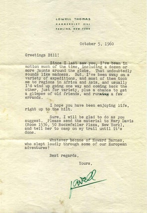 Item #017095 Letter typed and signed by Lowell Thomas. Lowell Thomas
