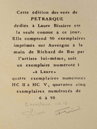 FRAGMENTS DE L'OEUVRE DE PETRARQUE tercets, distiques et vers incon nus et inedits jusques a ce jour. Inventes et tradu its par Dame Simone' Picone illustres par Signore Fiorini. On ne les vend pas a Paris entre l'Odeon et St Germain des Pres.