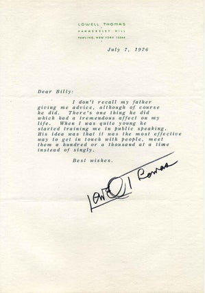 Item #017196 Letter typed and signed by Lowell Thomas. Lowell Thomas