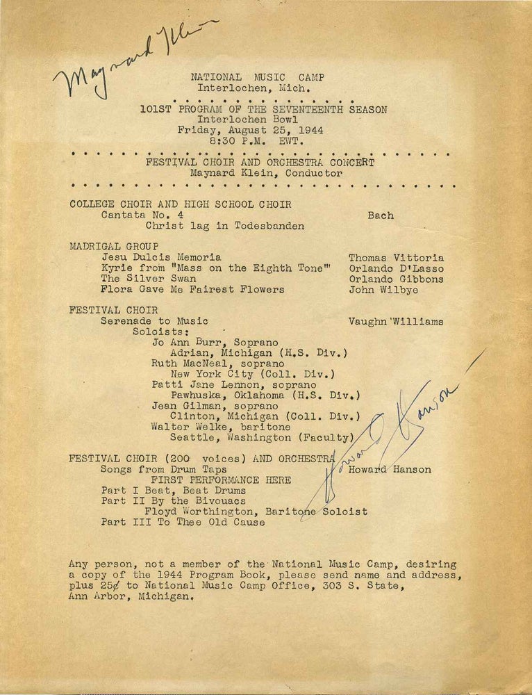 Item #017493 1944 Interlochen National Music Camp Program signed by Maynard Klein (1910-1990) and Howard Hanson (1896-1981). Maynard Klein, Howard Hanson.