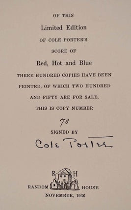 RED HOT AND BLUE. A Musical Comedy. Limited edition signed by Cole Porter.