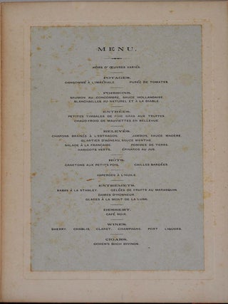 PROGRAM FOR THE AMERICAN TESTIMONIAL BANQUET TO HENRY M. STANLEY. Signed by Henry M. Stanley and officers of the Advance Command of the Emin Pasha Relief Expedition. Additionally signed by 23 banquet attendees, including the artist J. McNeil Whistler and the photographer who produced the portraits in this publication Henry Van Der Weyde.