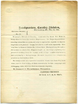 Item #019384 General Orders No. 11. Headquarters, Cavalry Divsion. Alfred Pleasonton, Clifford...